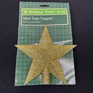 Holiday Time Mini Tree Topper Gold Star Glitter 5" Christmas